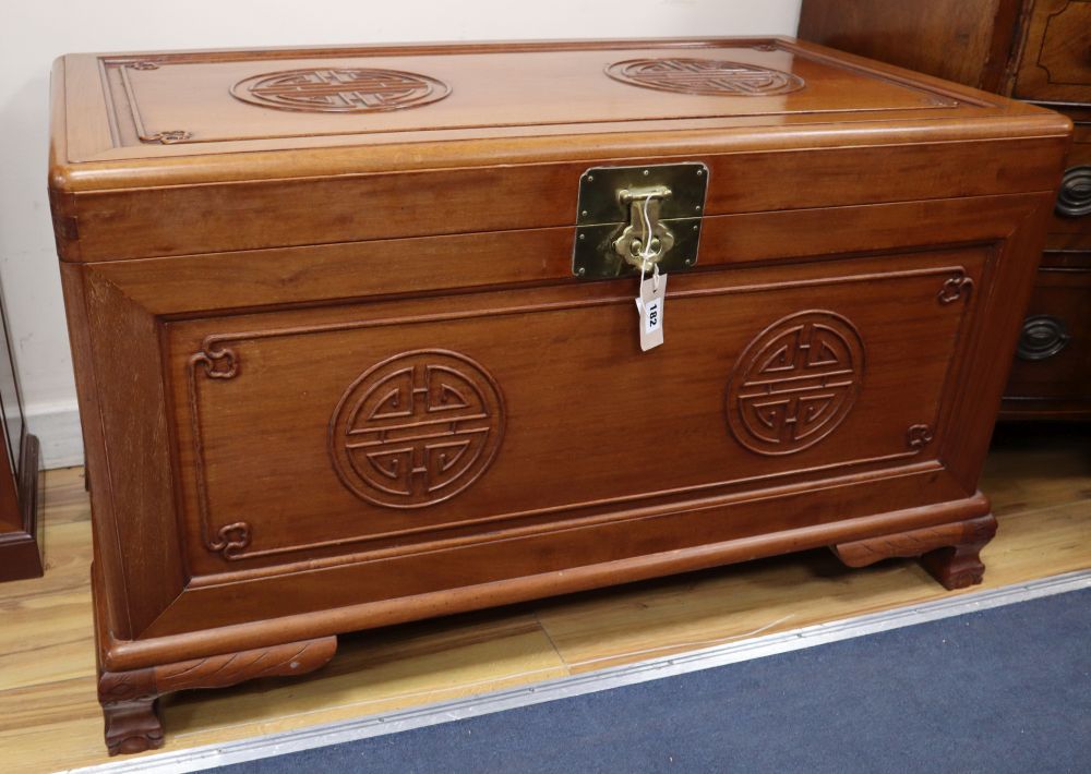 A Chinese hardwood shou medallion chest, width 101cm, depth 55cm, height 59cm